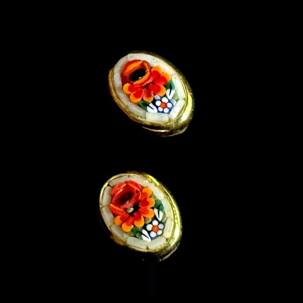 Vintage Italian Floral Micro Mosaic Earrings & Brooch Set on Card - Picture 9 of 11